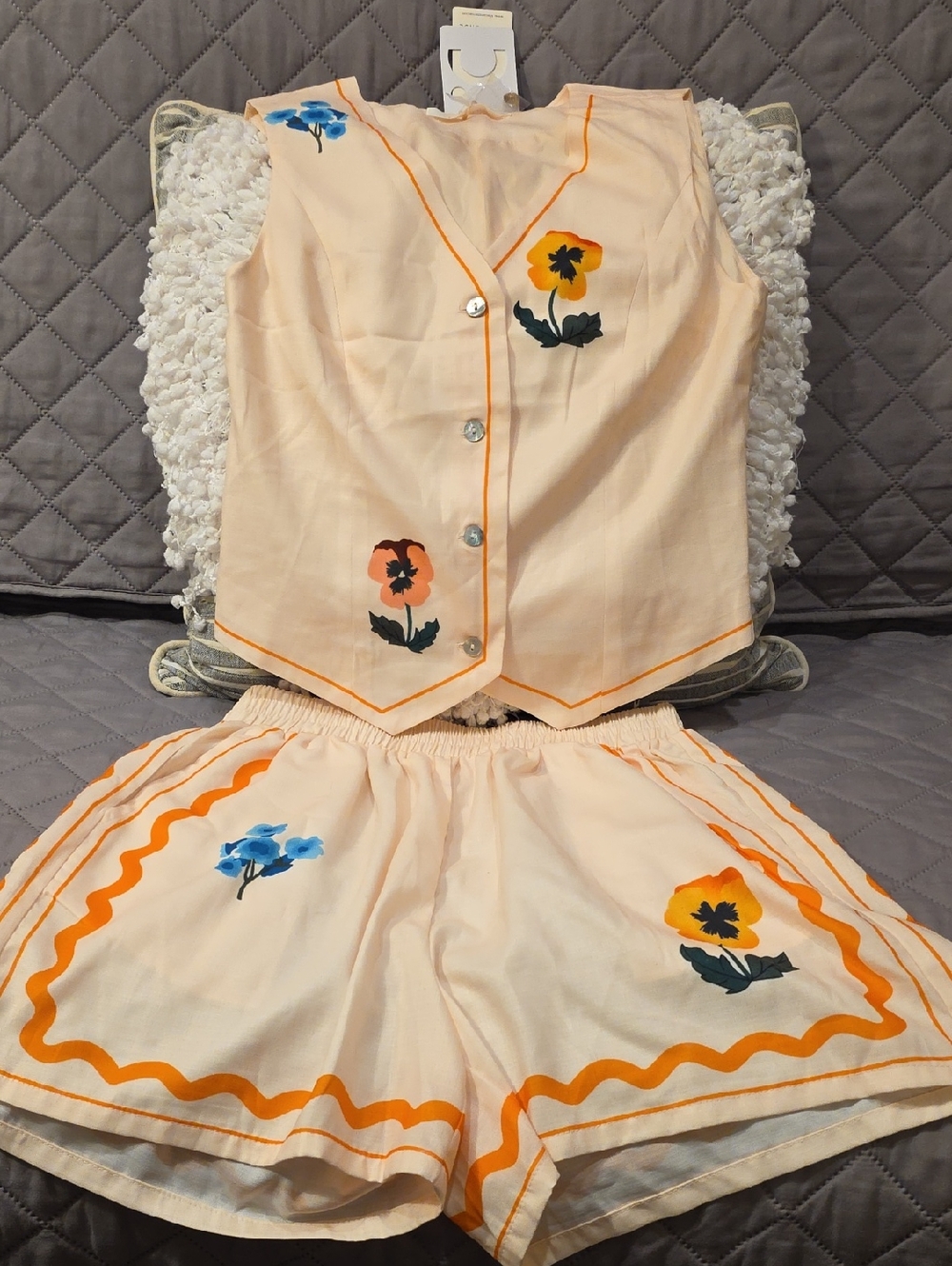 Commense Peach Floral Accents Vest and Shorts Set